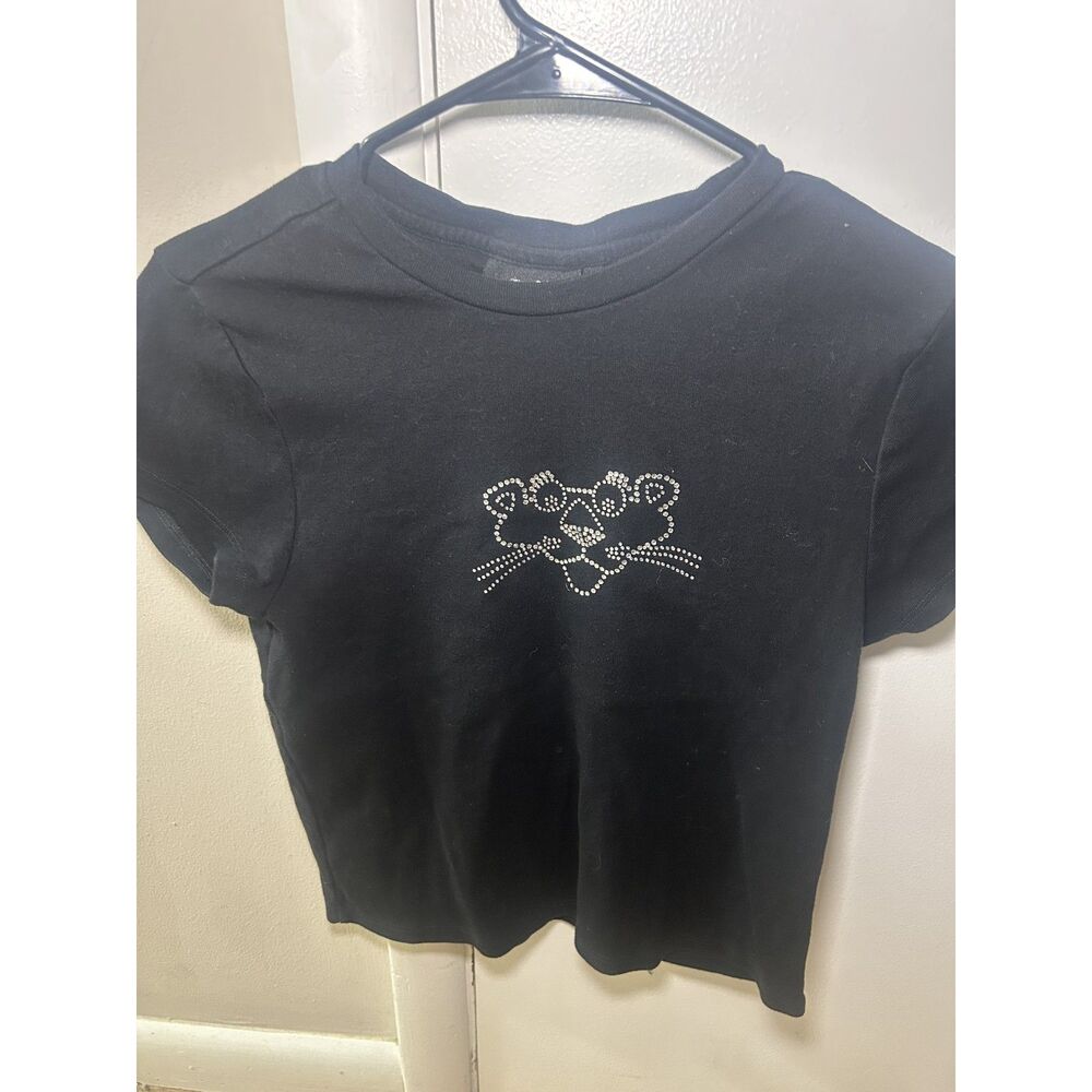Vintage Pink Panther Black Rhinestone Graphic Baby Tee Crop Top Y2K Size XL (EG)